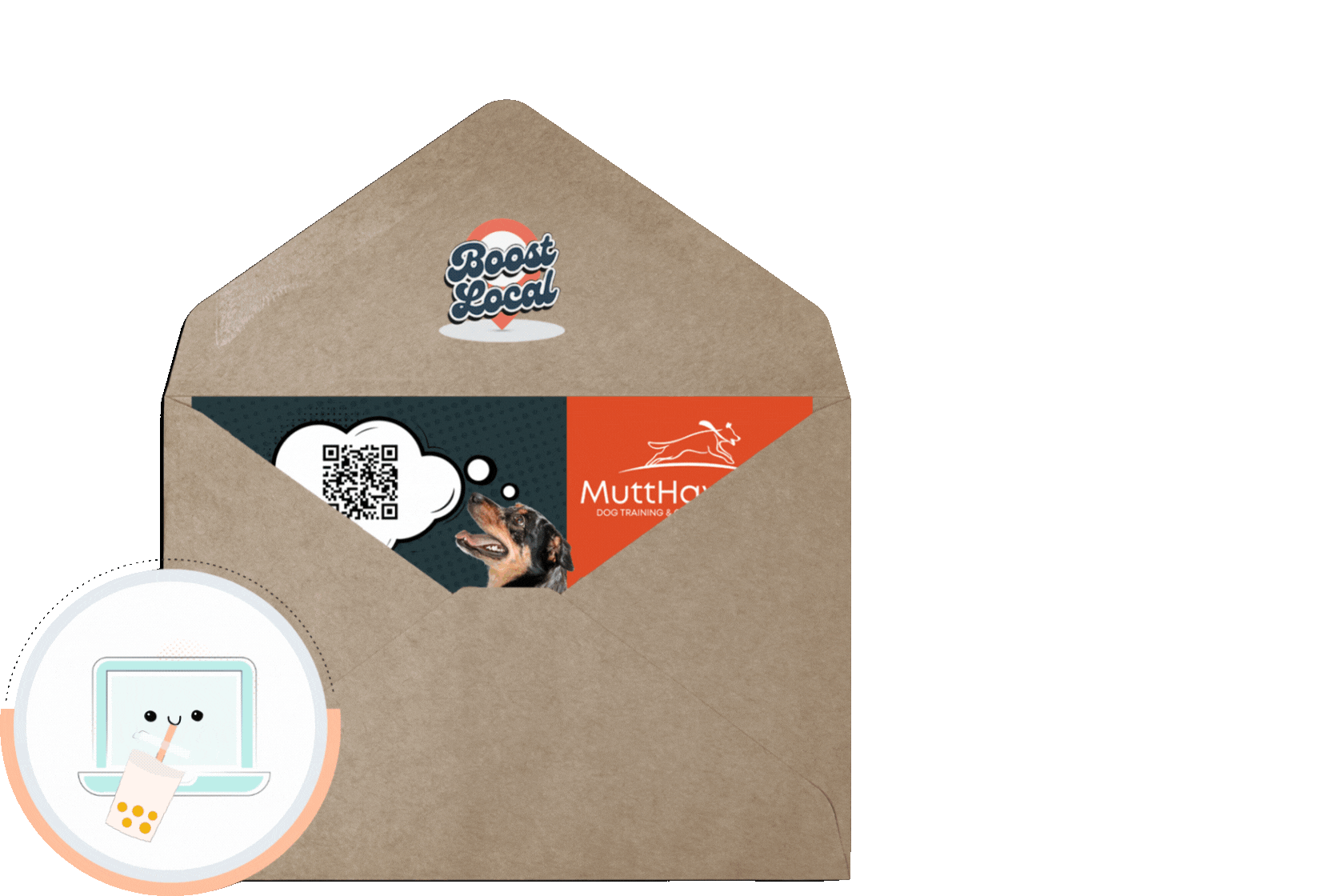 Envelope with direct mail postcard designs on mustard dotted background