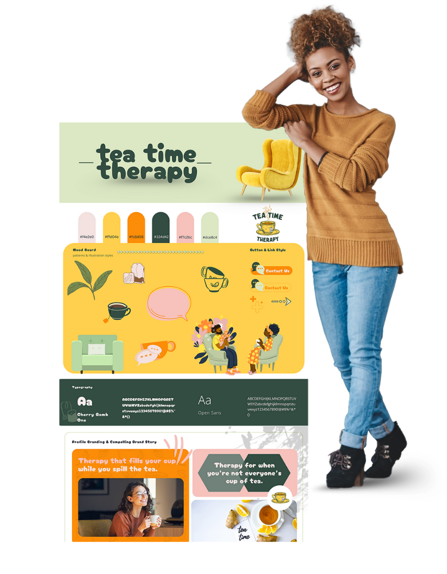 Tea Time Therapy brand board with a smiling brand designer